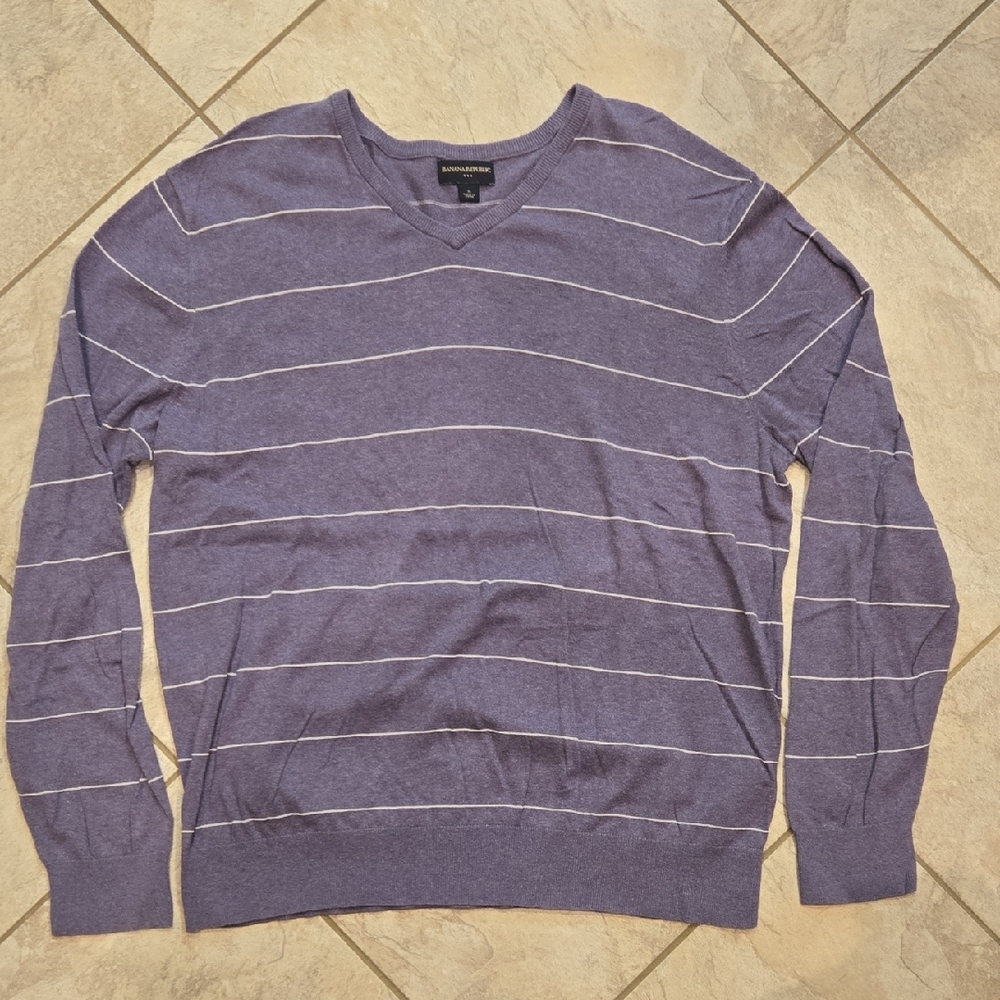 Banana Republic Lavender Striped V-Neck Sweater XL 100% Cotton